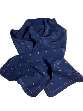 Silky navy blue scarf with red triangles with yellow dots